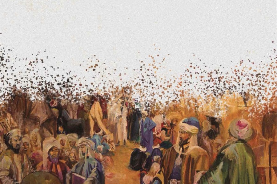 Massive interconnected mural paintings depicting medieval Islamic philosopher Al-Farabi's life journey across ancient cities