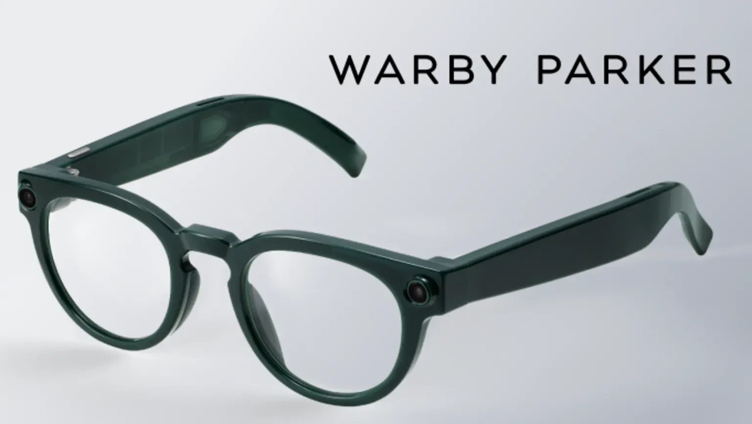 Person wearing modern smart glasses with subtle camera and speakers integrated into frames