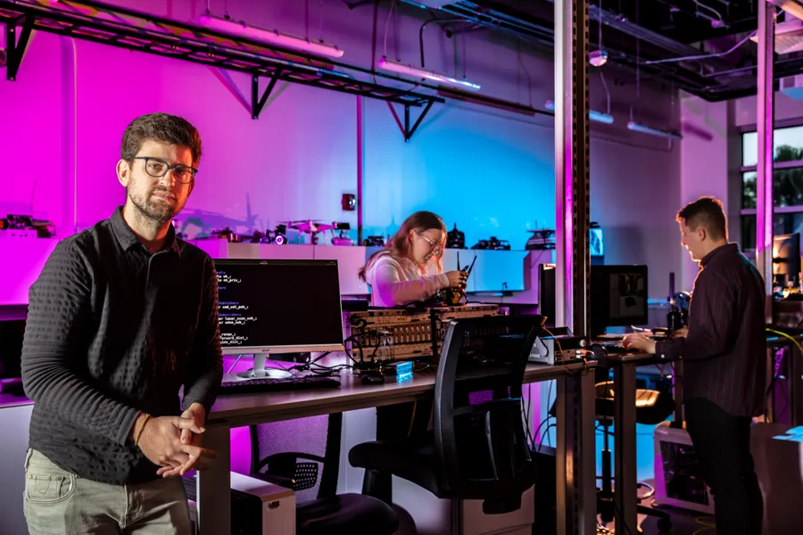 Researcher Dr. George Sklivanitis at Florida Atlantic University's underwater robotics research facility