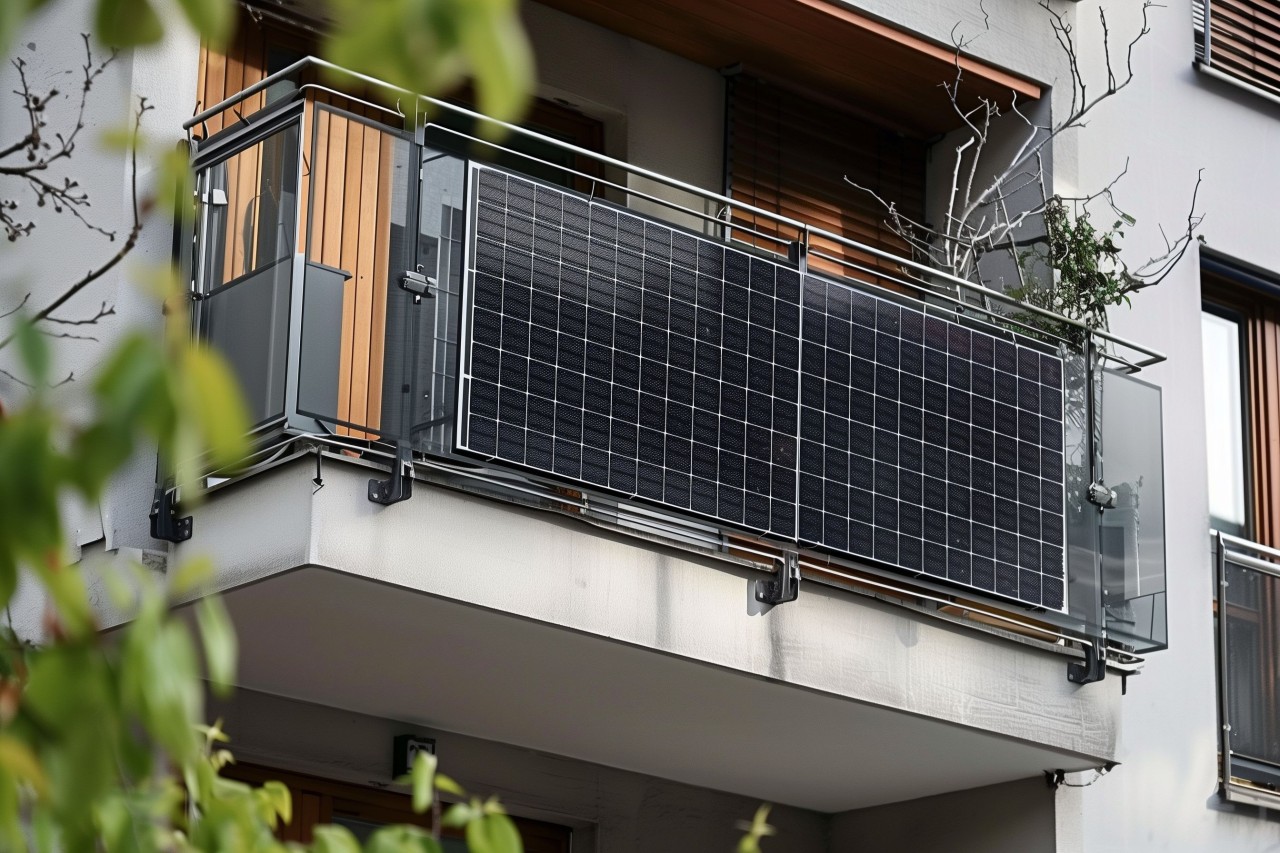 Lightweight solar panel attached to apartment balcony railing with cable plugged into wall outlet