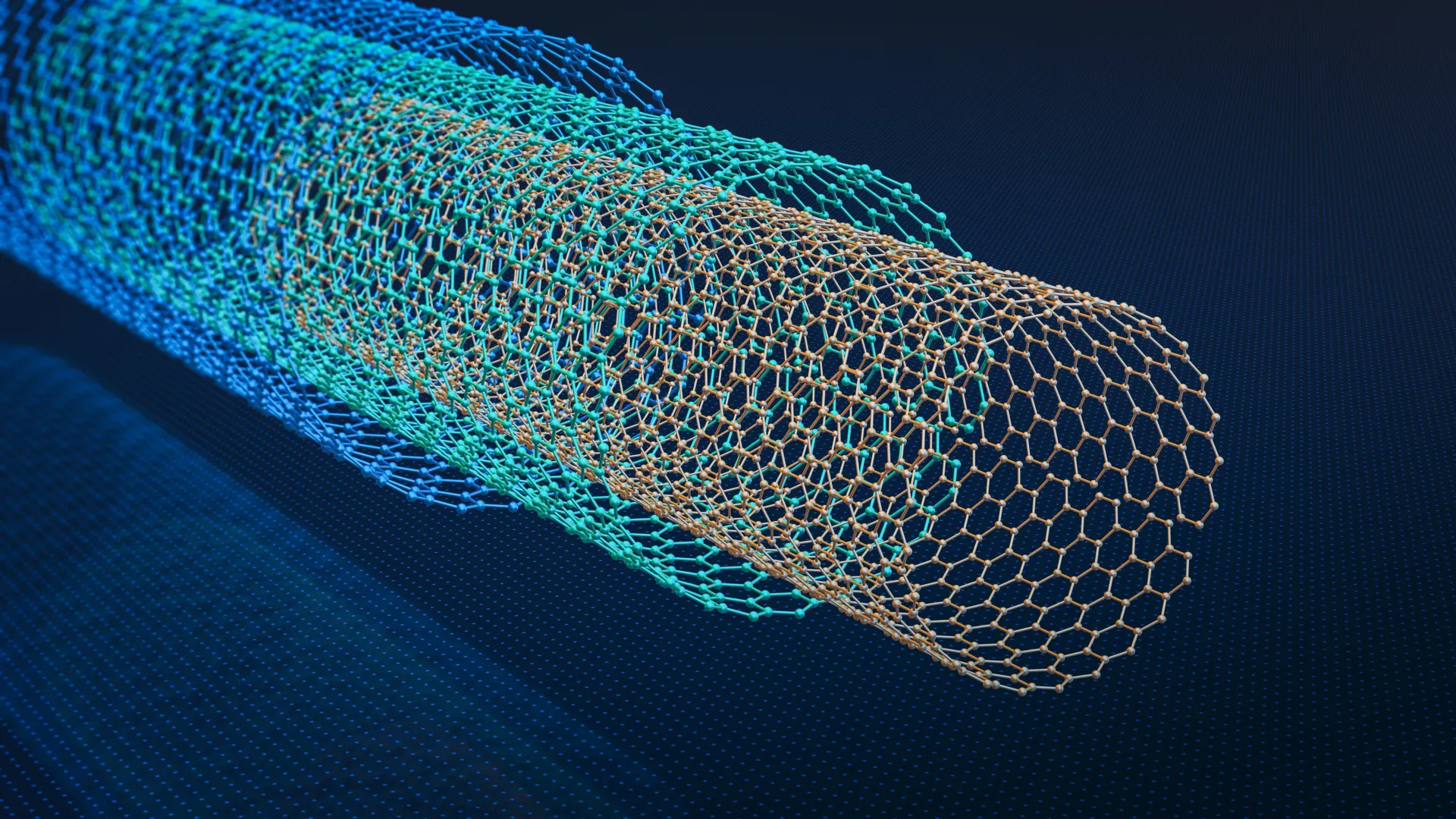 Microscopic view of rolled nanoscroll tubes made from ultra-thin MXene material sheets