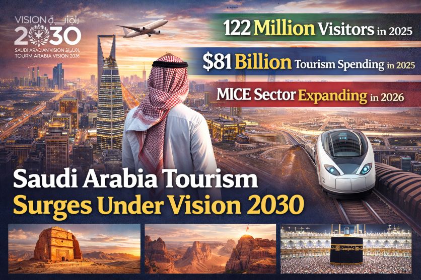 Modern skyline of Riyadh, Saudi Arabia with visitors exploring cultural tourism destinations