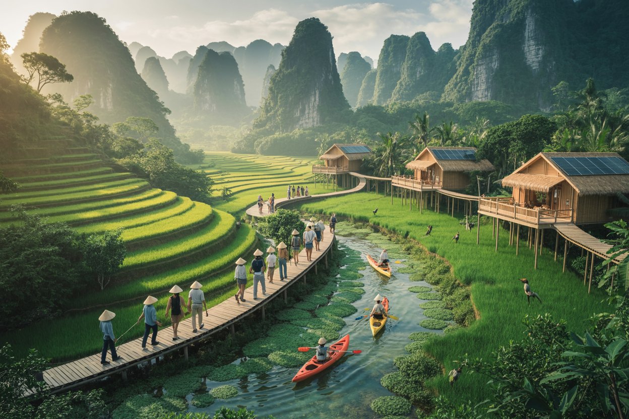 Lush green limestone karsts rising from emerald waters in Vietnam's Ha Long Bay