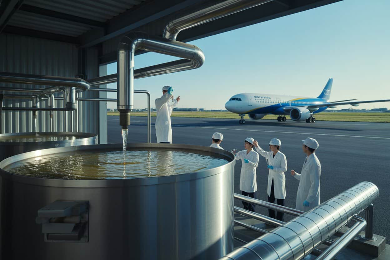 Airplane flying above clouds with recycling symbols representing sustainable aviation fuel from cooking oil