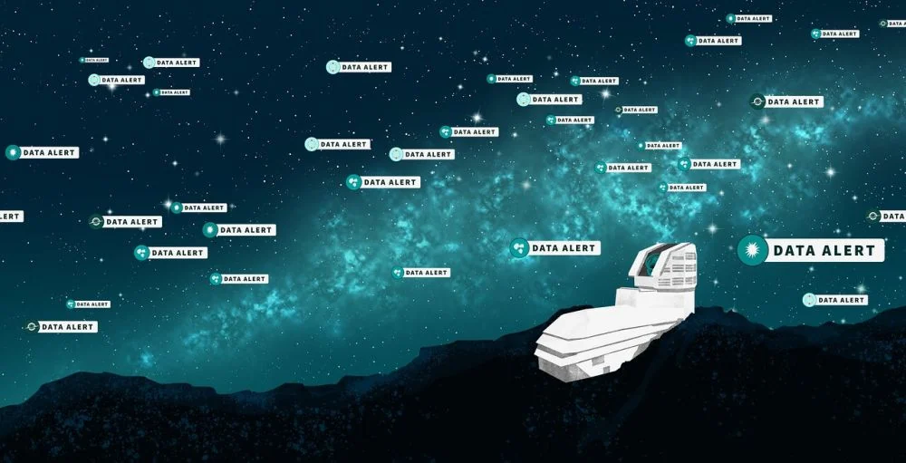 Artistic visualization showing colorful alerts streaming from the Vera Rubin Observatory telescope across the night sky