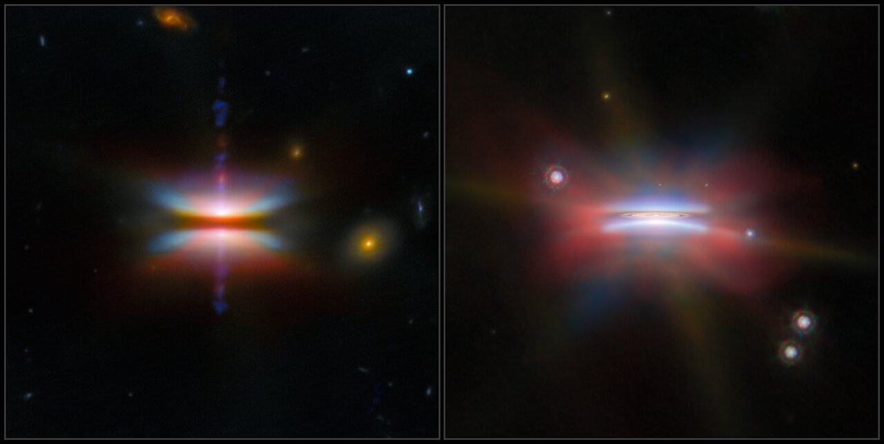 Two edge-on protoplanetary disks glowing in infrared light captured by James Webb Space Telescope
