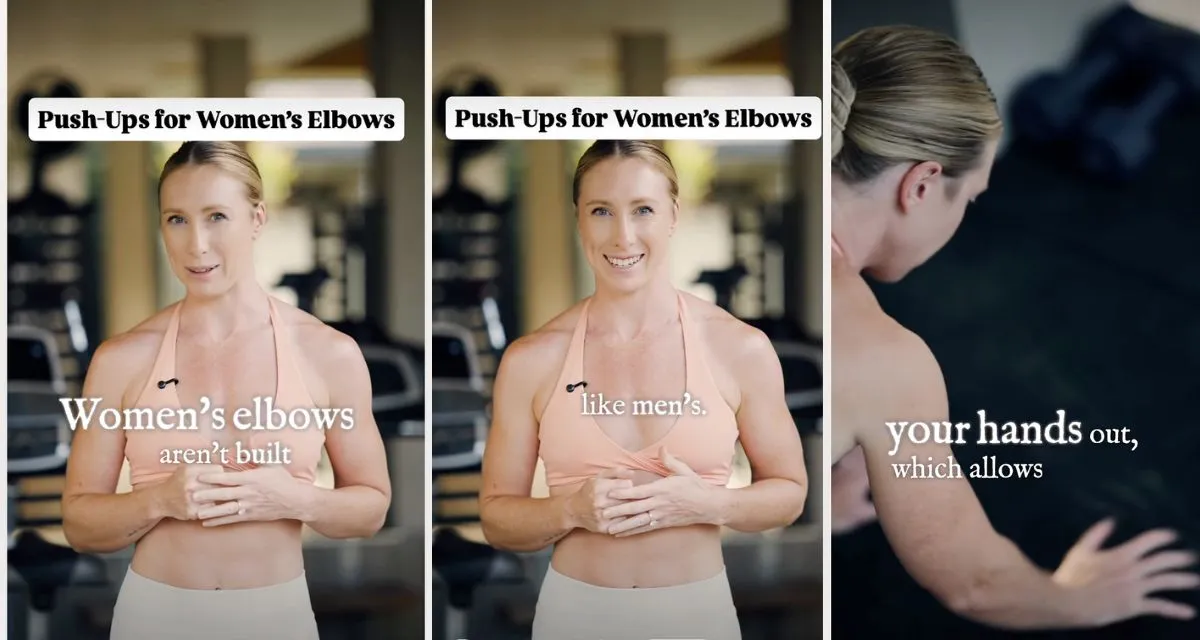 Woman demonstrating modified push-up position with hands rotated outward at 45-degree angle
