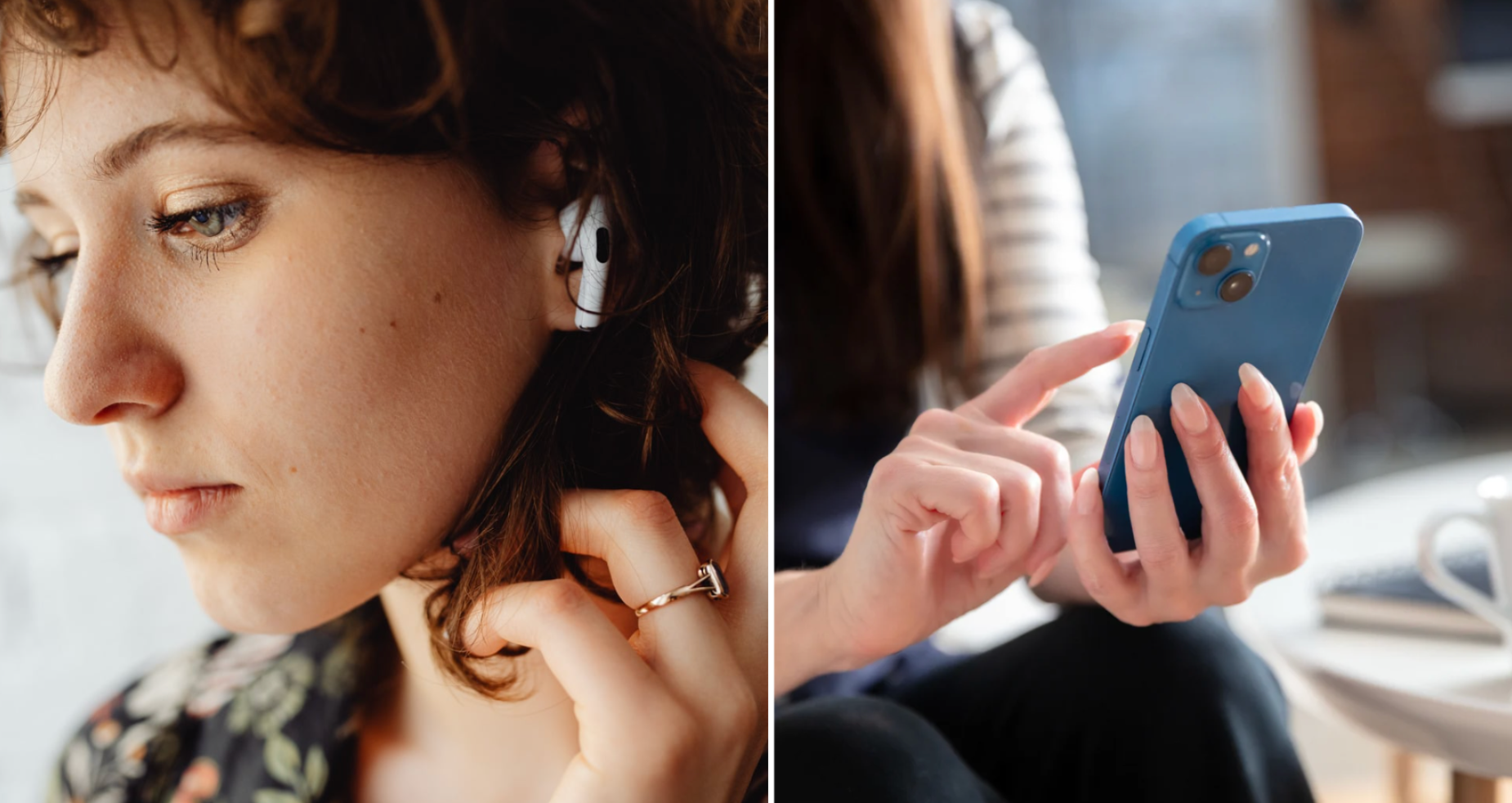 Woman smiling while wearing white Apple AirPods wireless earbuds